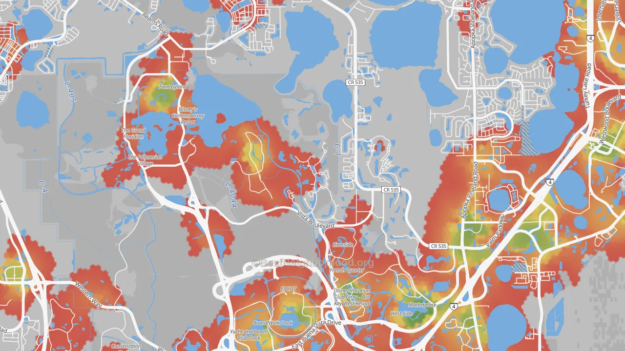 Walk Grade map of Bay Lake, FL, walkable areas in green and car-dependent areas in red