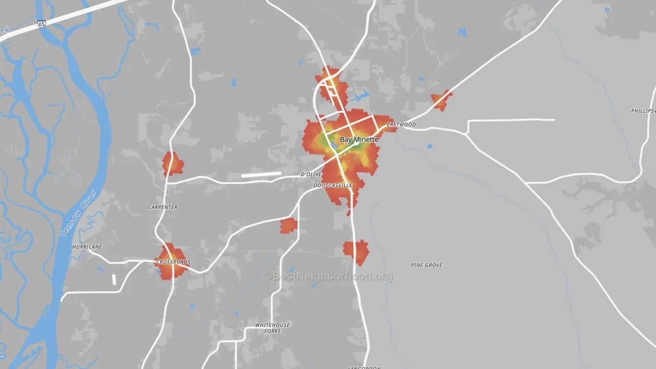 Walk Grade map of Bay Minette, AL, walkable areas in green and car-dependent areas in red