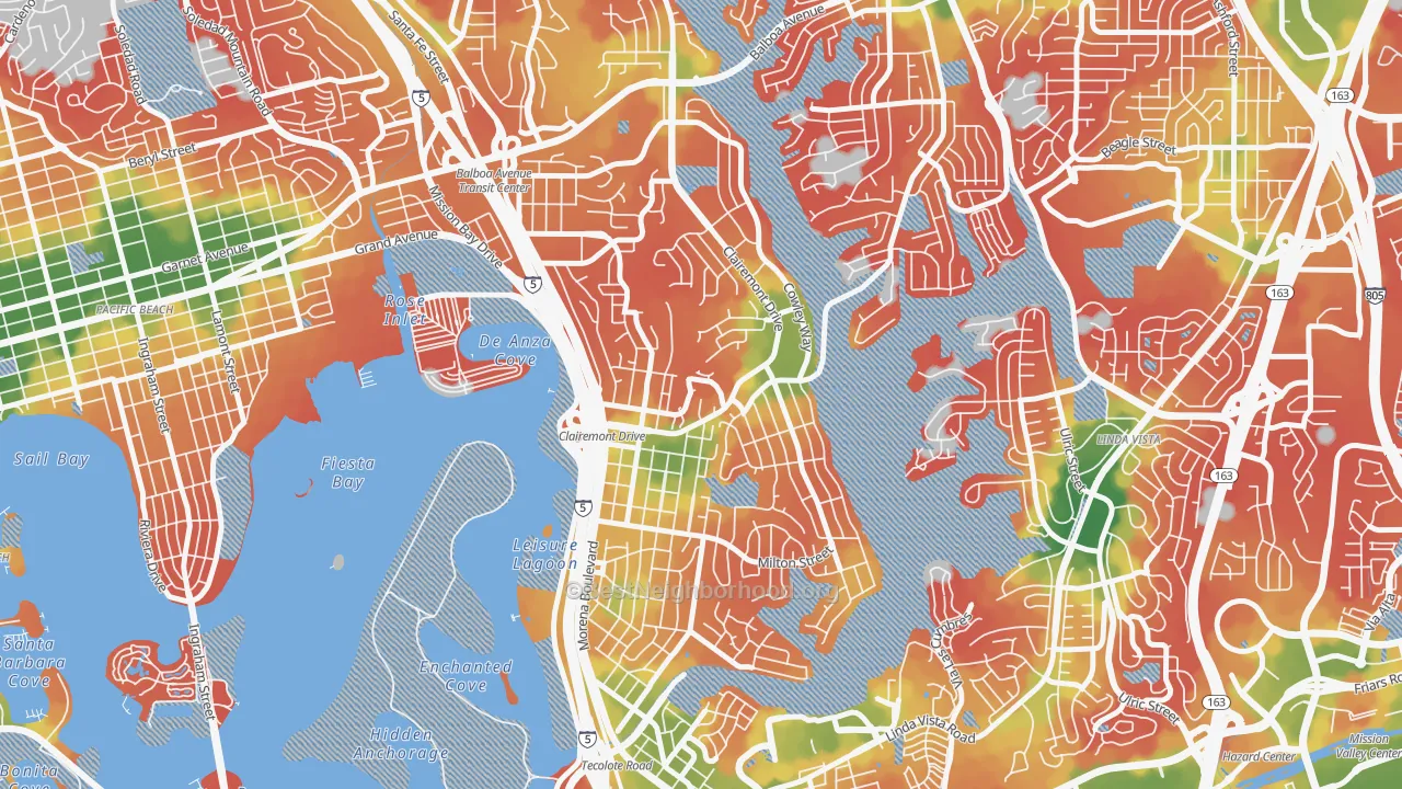 Walk Grade map of Bay Park, San Diego, CA, walkable areas in green and car-dependent areas in red