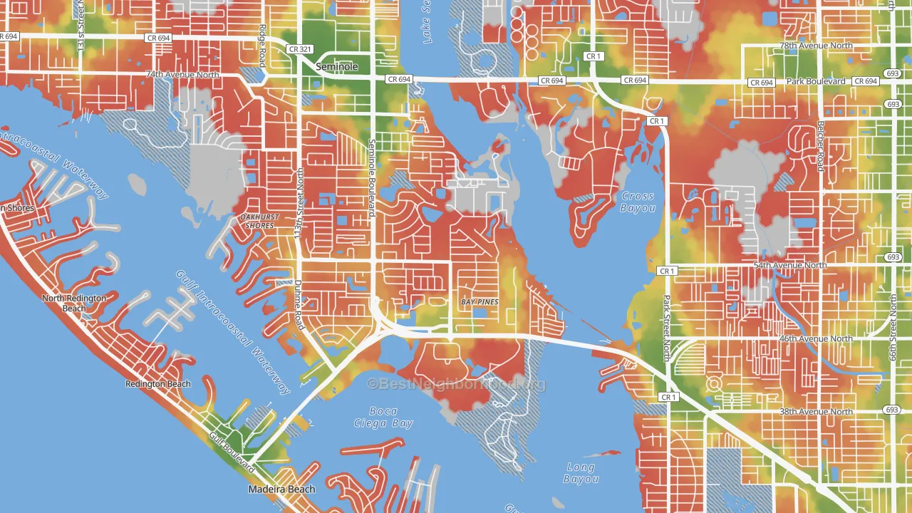 Walk Grade map of Bay Pines, FL, walkable areas in green and car-dependent areas in red