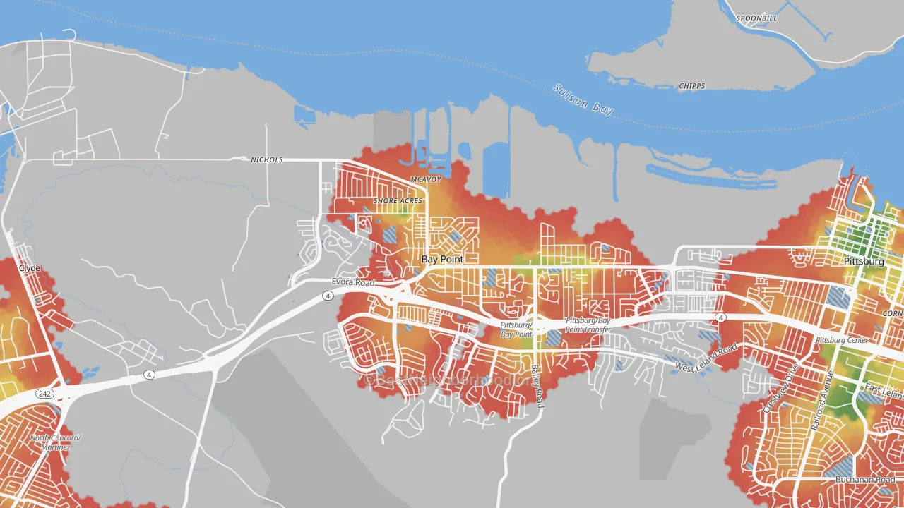 Walk Grade map of Bay Point, CA, walkable areas in green and car-dependent areas in red