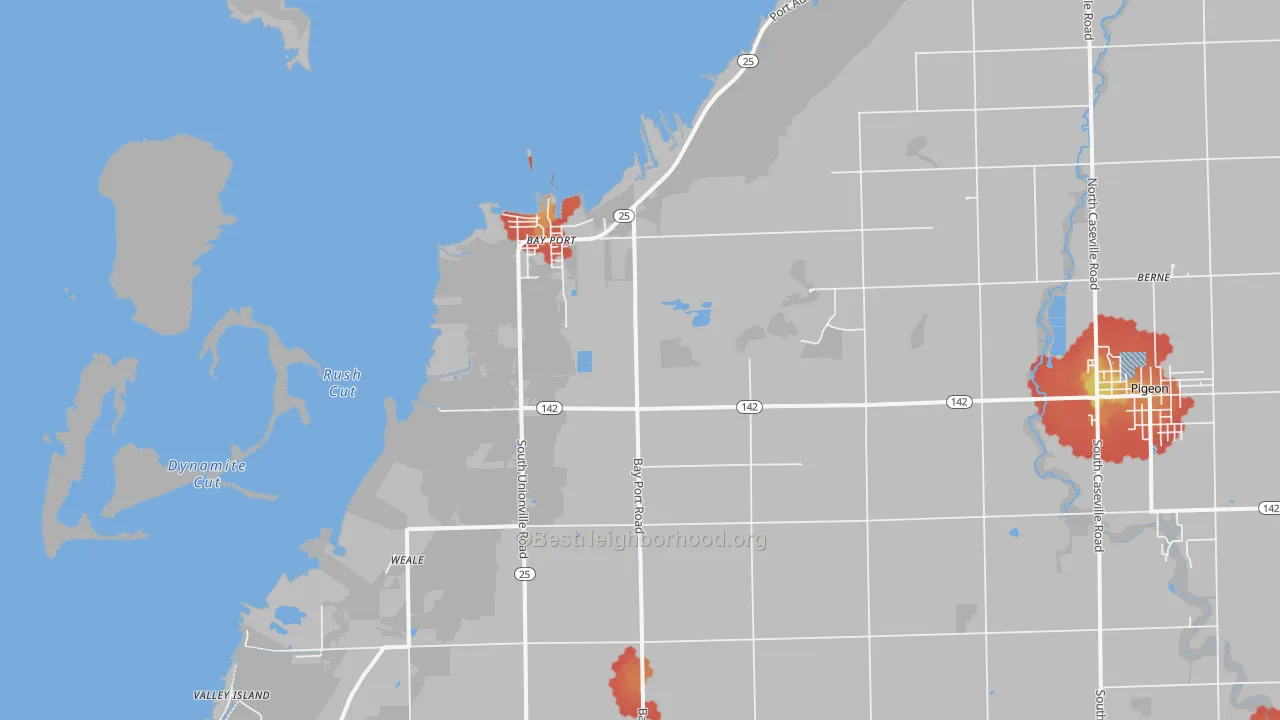 Walk Grade map of Bay Port, MI, walkable areas in green and car-dependent areas in red