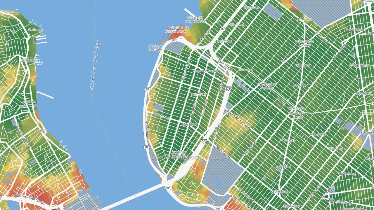 Walk Grade map of Bay Ridge-Fort Hamilton, Brooklyn, NY, walkable areas in green and car-dependent areas in red