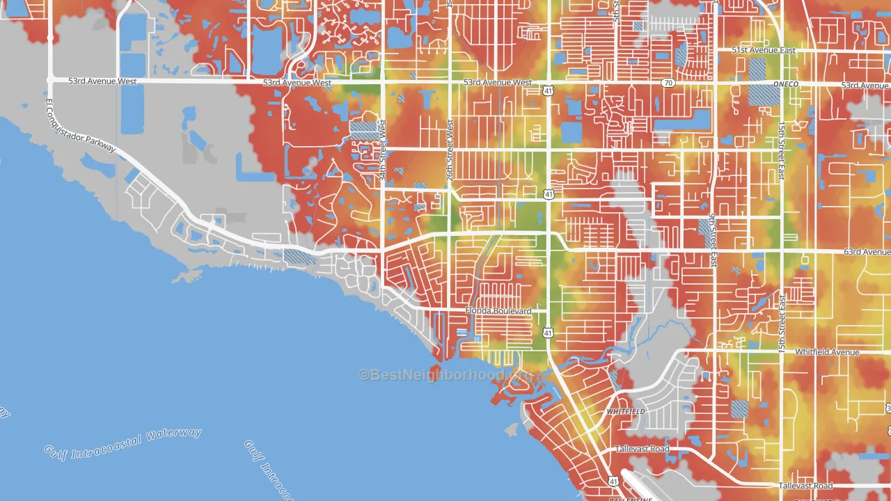 Walk Grade map of Bay Shore Gardens, Bayshore Gardens, FL, walkable areas in green and car-dependent areas in red