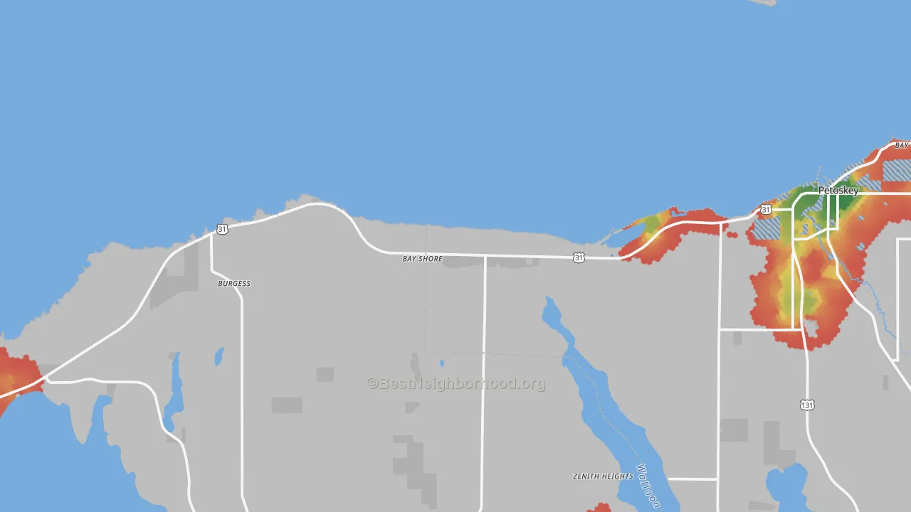 Walk Grade map of Bay Shore, MI, walkable areas in green and car-dependent areas in red