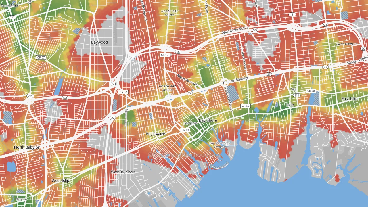 Walk Grade map of Bay Shore, NY, walkable areas in green and car-dependent areas in red