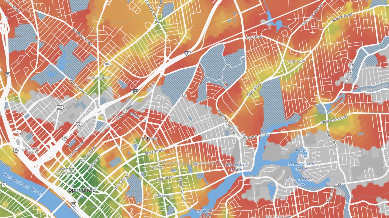 Walk Grade map of Bay, Springfield, MA, walkable areas in green and car-dependent areas in red