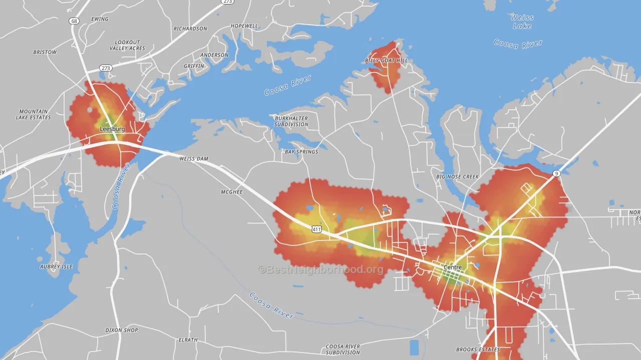 Walk Grade map of Bay Springs, AL, walkable areas in green and car-dependent areas in red