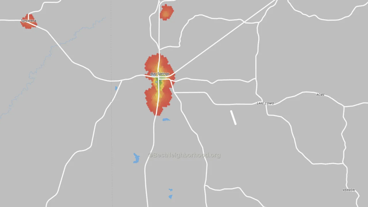 Walk Grade map of Bay Springs, MS, walkable areas in green and car-dependent areas in red