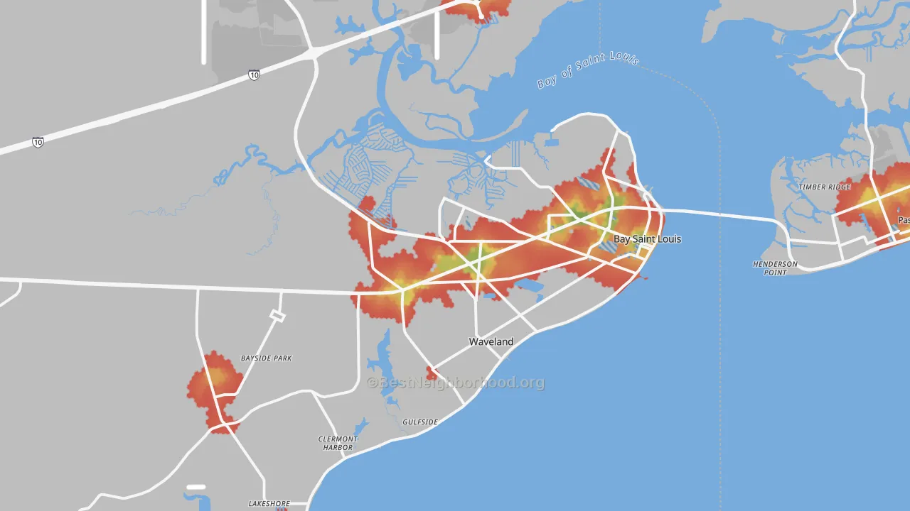 Walk Grade map of Bay St. Louis, MS, walkable areas in green and car-dependent areas in red