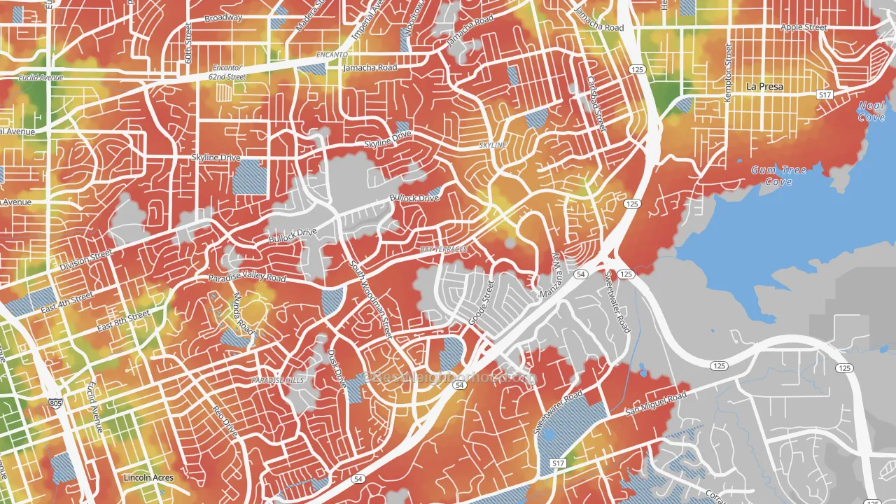 Walk Grade map of Bay Terraces, San Diego, CA, walkable areas in green and car-dependent areas in red