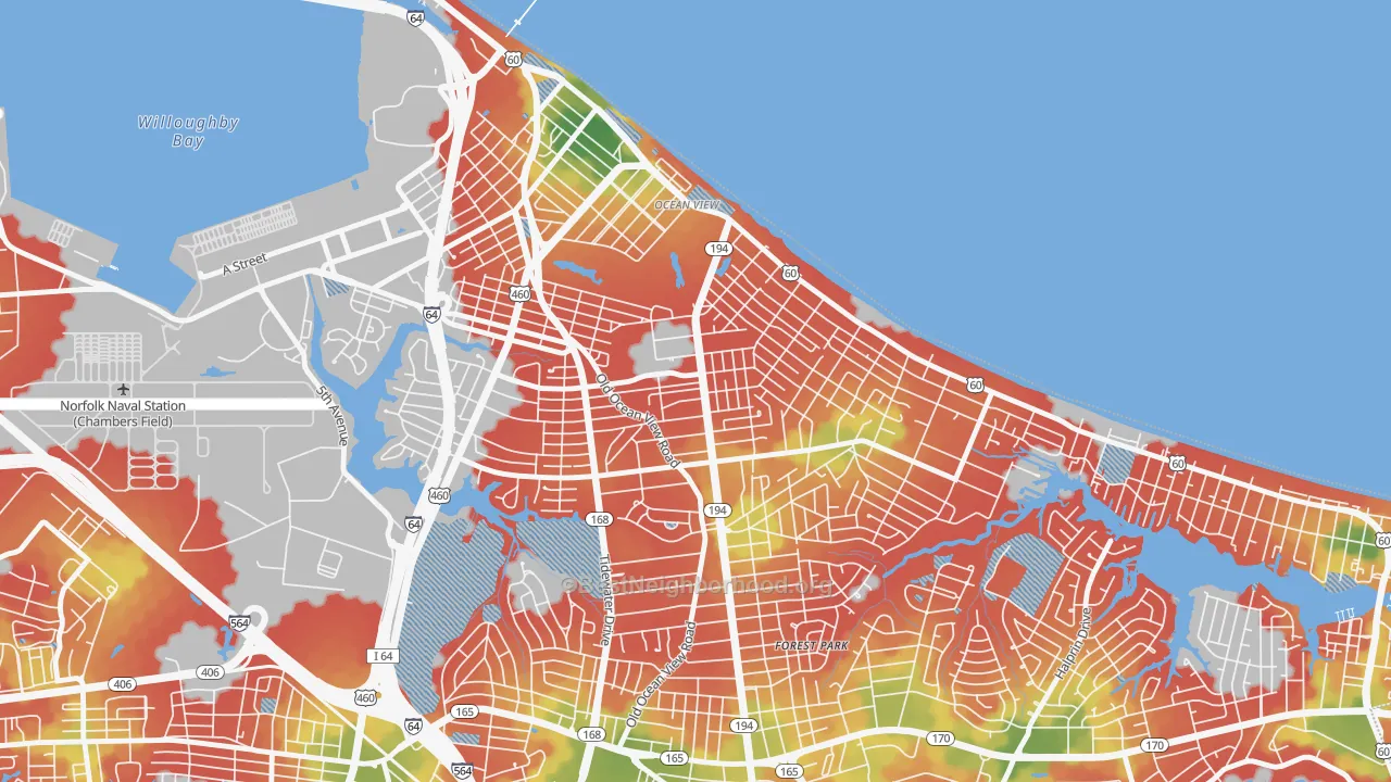 Walk Grade map of Bay View, Norfolk, VA, walkable areas in green and car-dependent areas in red