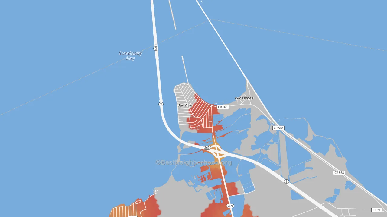 Walk Grade map of Bay View, OH, walkable areas in green and car-dependent areas in red