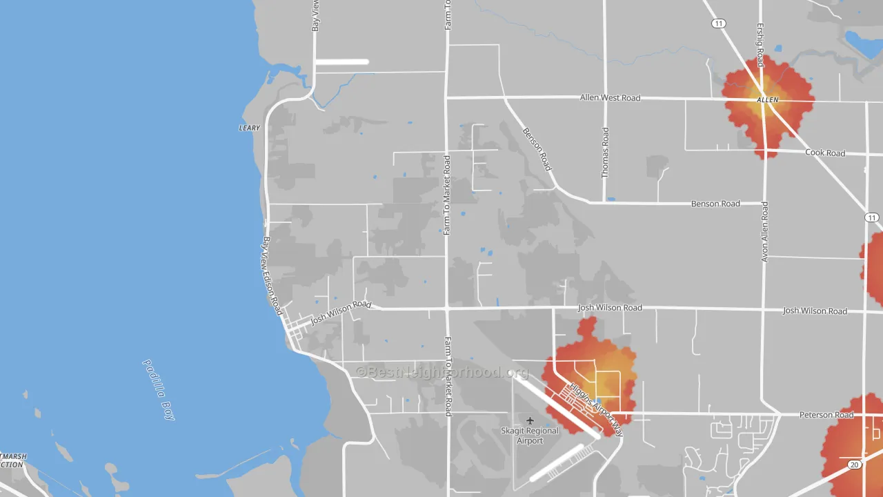 Walk Grade map of Bay View, WA, walkable areas in green and car-dependent areas in red