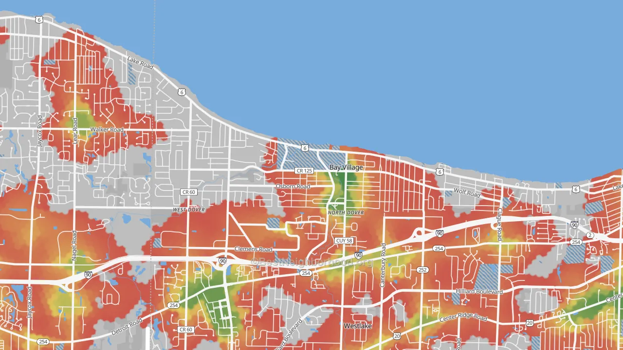 Walk Grade map of Bay Village, OH, walkable areas in green and car-dependent areas in red