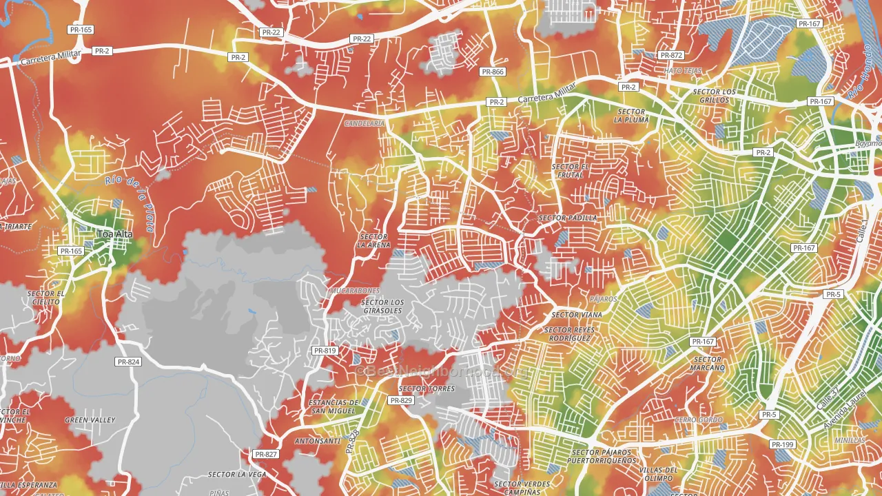 Walk Grade map of Bayamon Gardens, PR, walkable areas in green and car-dependent areas in red