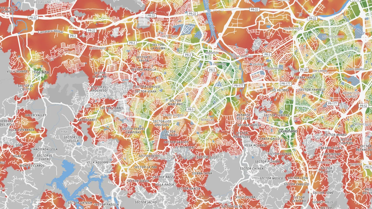 Walk Grade map of Bayamon Municipio, PR, walkable areas in green and car-dependent areas in red