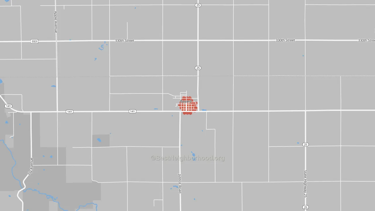 Walk Grade map of Bayard, IA, walkable areas in green and car-dependent areas in red