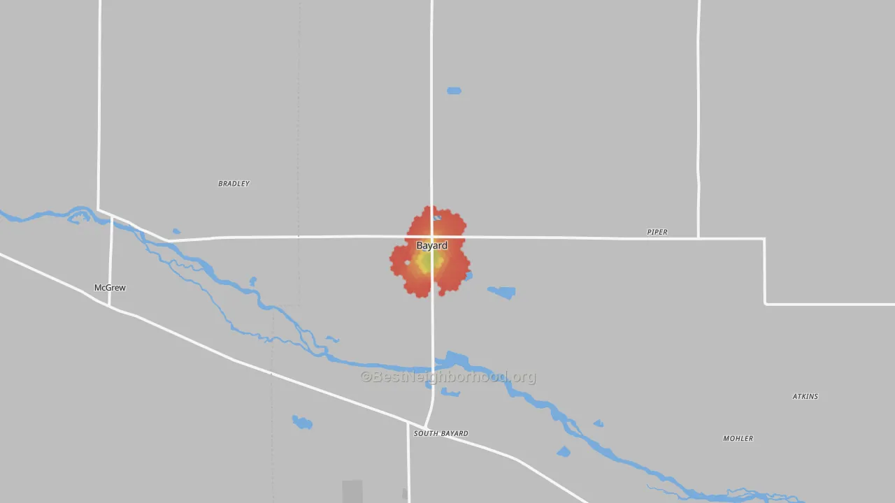 Walk Grade map of Bayard, NE, walkable areas in green and car-dependent areas in red