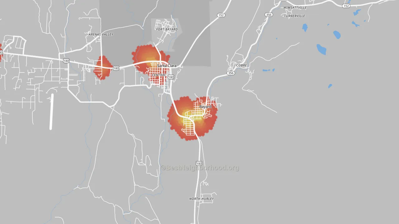 Walk Grade map of Bayard, NM, walkable areas in green and car-dependent areas in red