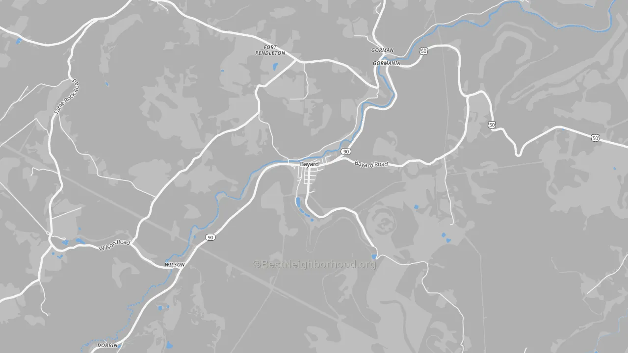 Walk Grade map of Bayard, WV, walkable areas in green and car-dependent areas in red