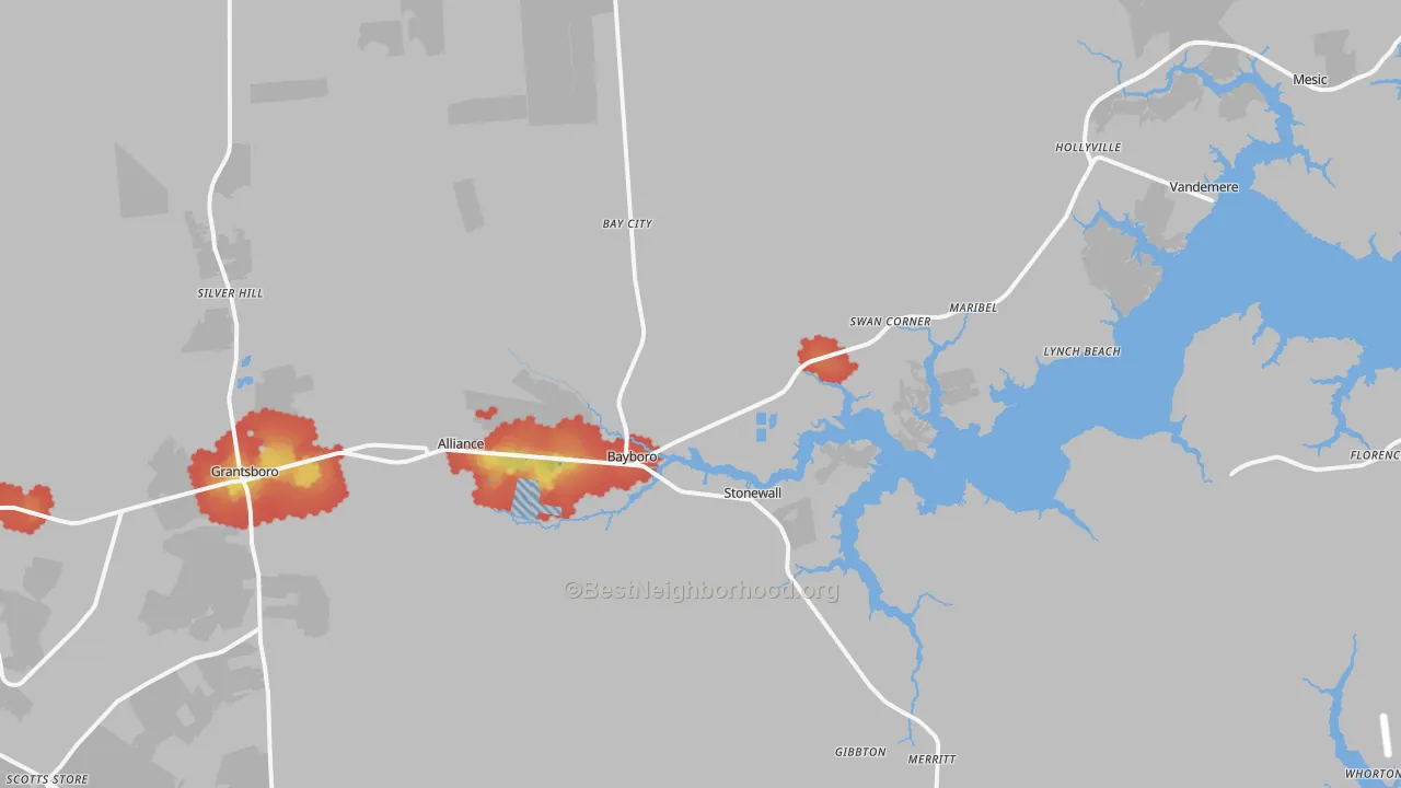 Walk Grade map of Bayboro, NC, walkable areas in green and car-dependent areas in red