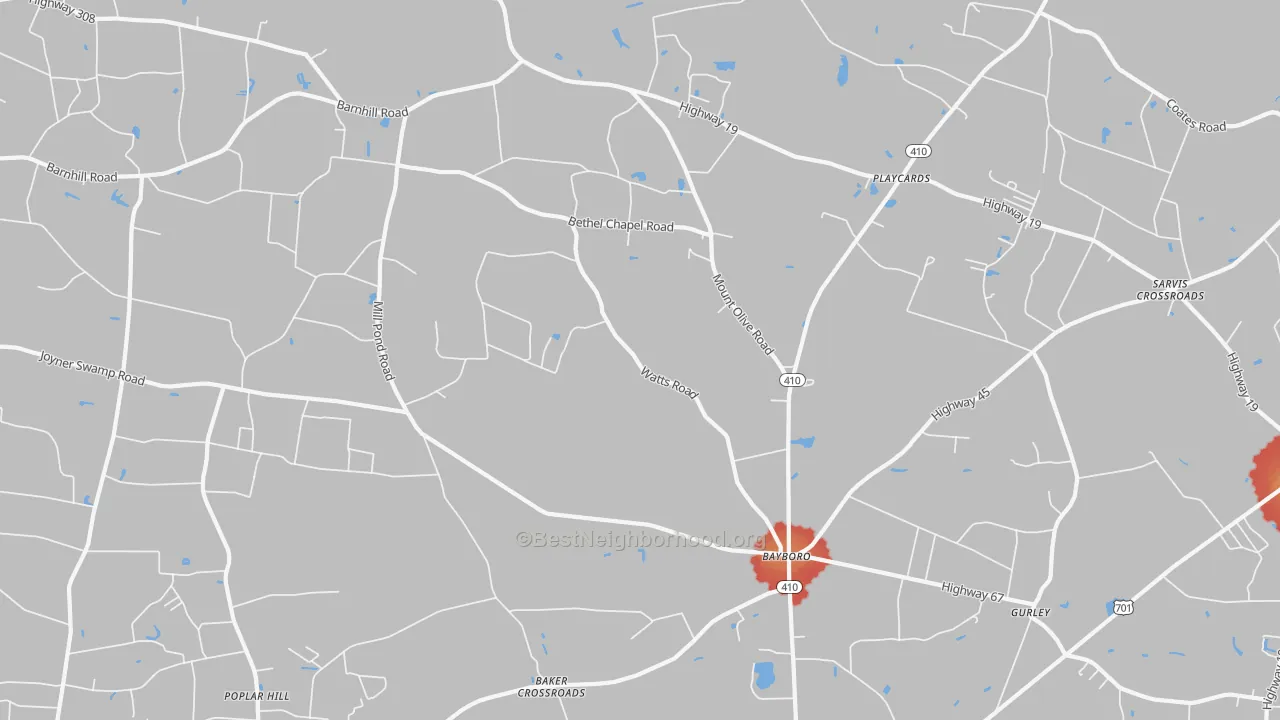 Walk Grade map of Bayboro, SC, walkable areas in green and car-dependent areas in red