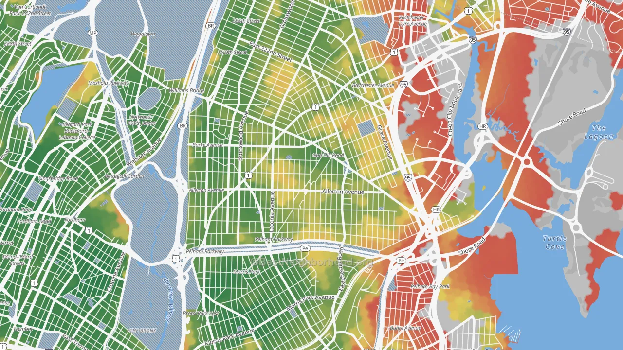 Walk Grade map of Baychester, Bronx, NY, walkable areas in green and car-dependent areas in red