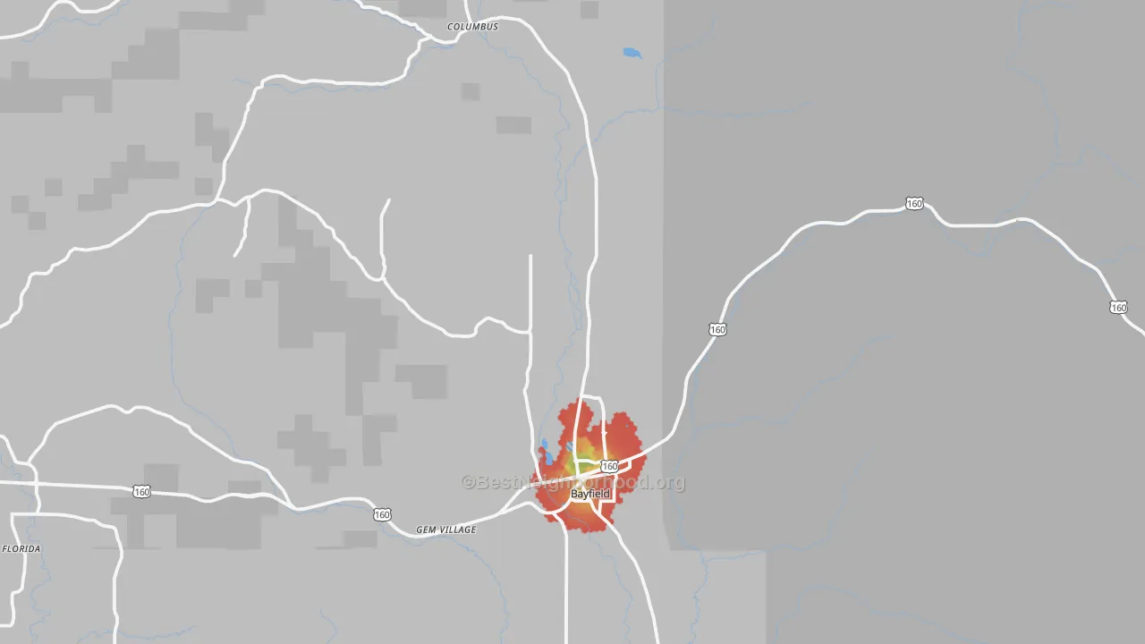 Walk Grade map of Bayfield, CO, walkable areas in green and car-dependent areas in red