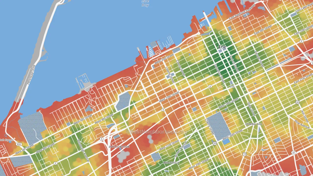 Walk Grade map of Bayfront, Erie, PA, walkable areas in green and car-dependent areas in red