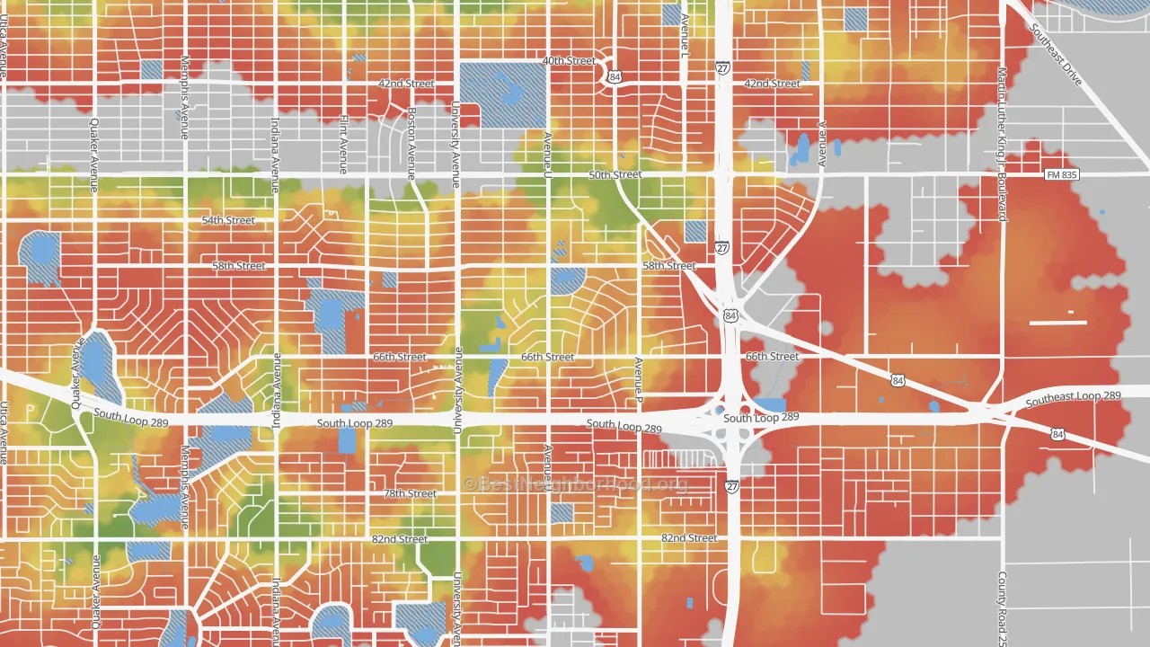 Walk Grade map of Bayless Atkins, Lubbock, TX, walkable areas in green and car-dependent areas in red