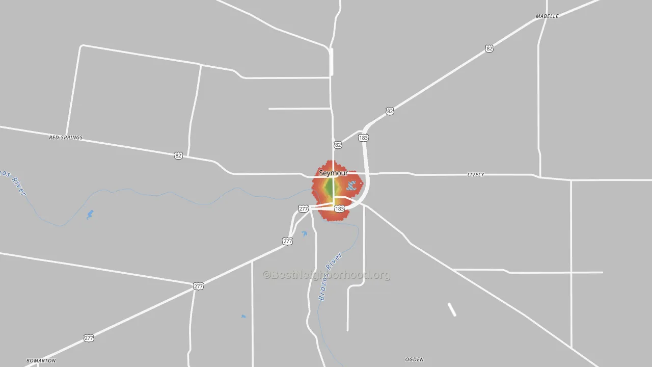 Walk Grade map of Baylor County, TX, walkable areas in green and car-dependent areas in red