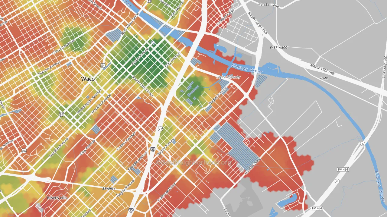 Walk Grade map of Baylor, Waco, TX, walkable areas in green and car-dependent areas in red