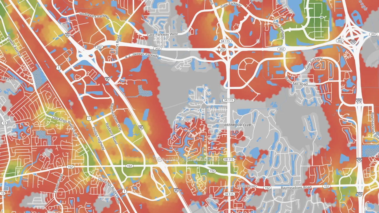 Walk Grade map of Baymeadows, Jacksonville, FL, walkable areas in green and car-dependent areas in red