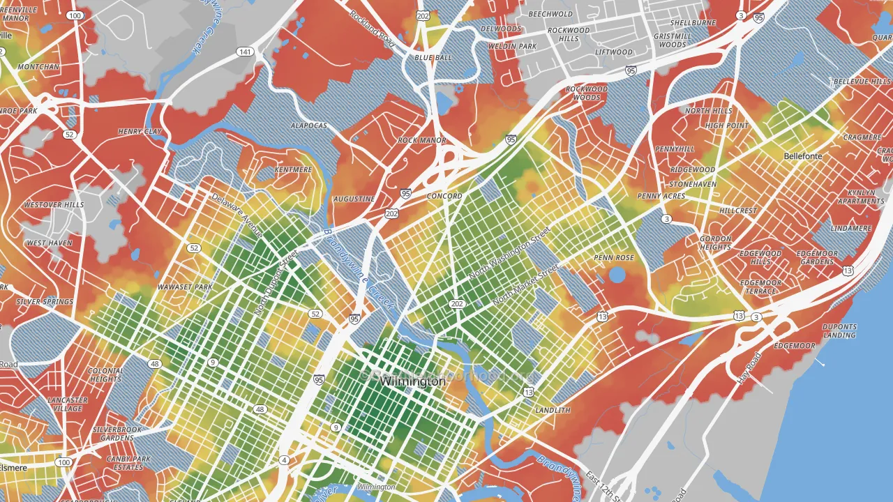 Walk Grade map of Baynard Village, Wilmington, DE, walkable areas in green and car-dependent areas in red