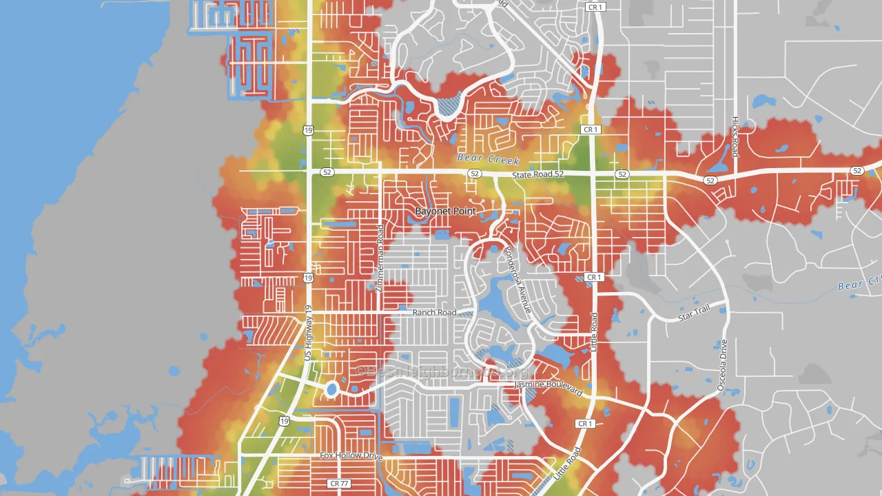 Walk Grade map of Bayonet Point, FL, walkable areas in green and car-dependent areas in red