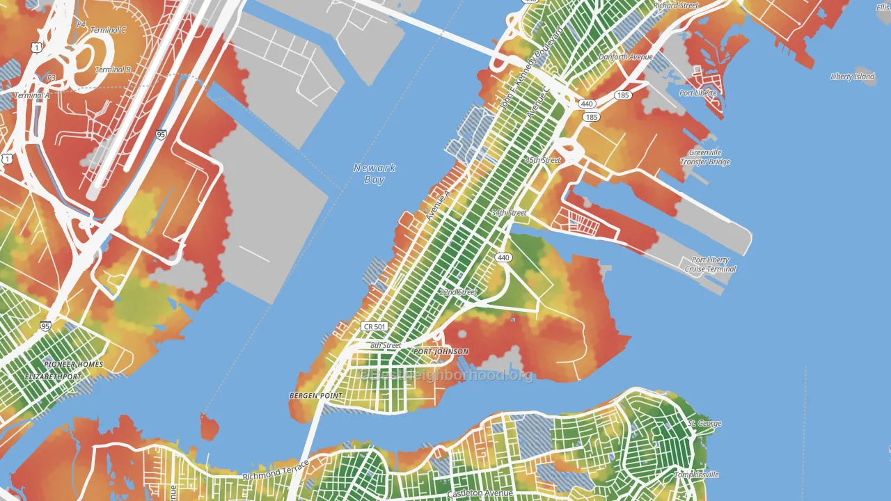 Walk Grade map of Bayonne, NJ, walkable areas in green and car-dependent areas in red