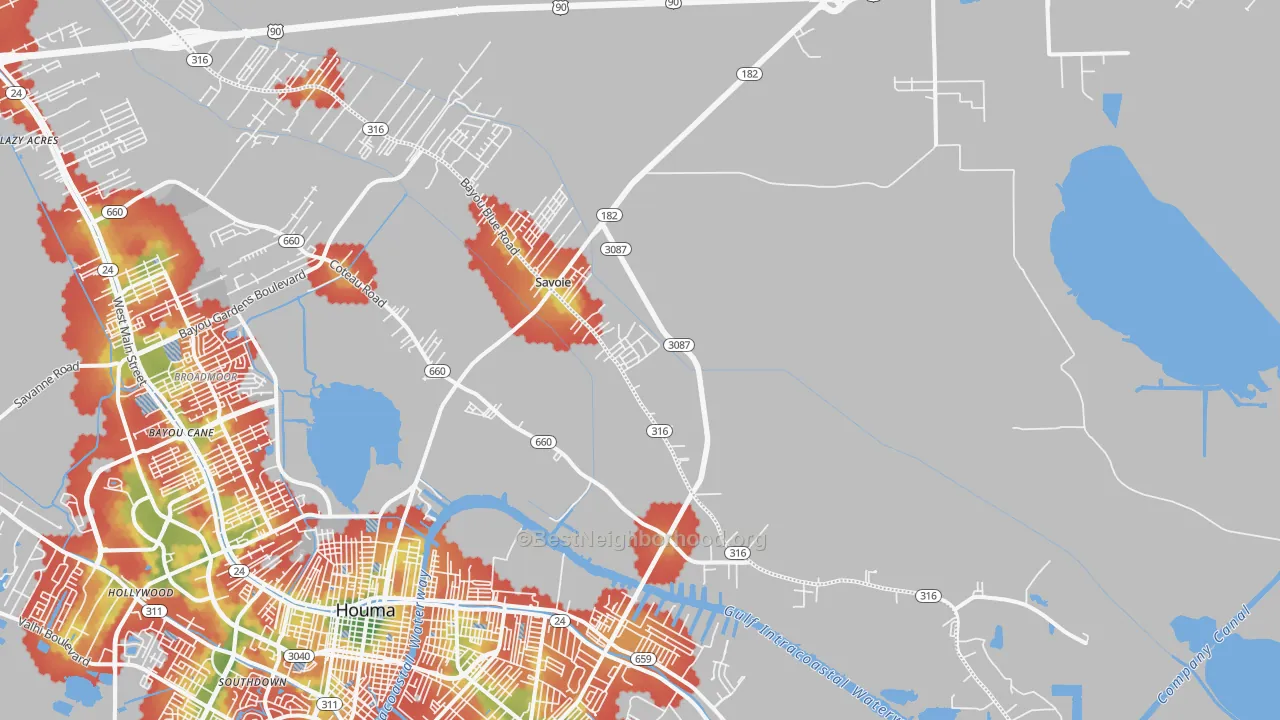 Walk Grade map of Bayou Blue, LA, walkable areas in green and car-dependent areas in red