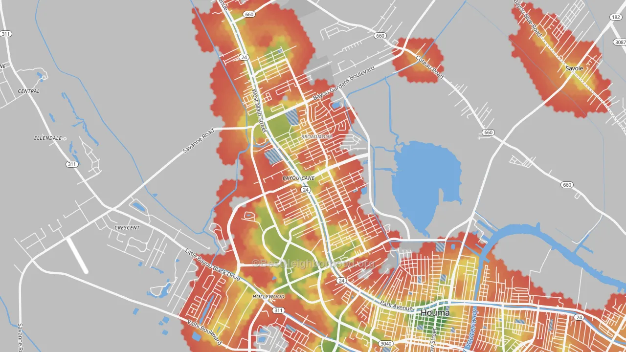 Walk Grade map of Bayou Cane, LA, walkable areas in green and car-dependent areas in red