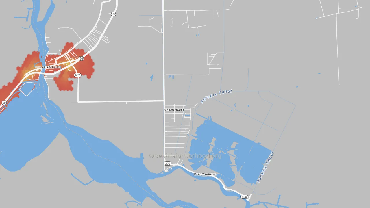 Walk Grade map of Bayou Gauche, LA, walkable areas in green and car-dependent areas in red