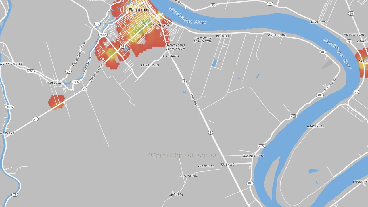 Walk Grade map of Bayou Goula, LA, walkable areas in green and car-dependent areas in red