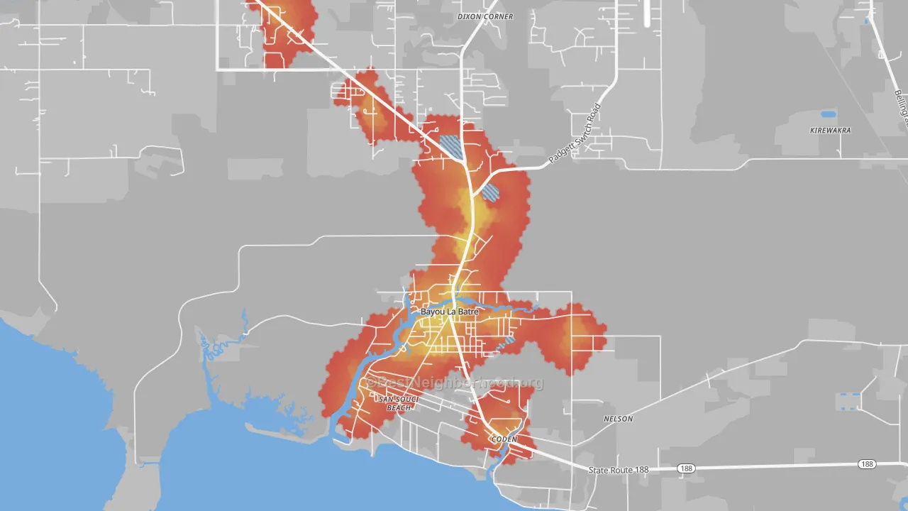 Walk Grade map of Bayou La Batre, AL, walkable areas in green and car-dependent areas in red