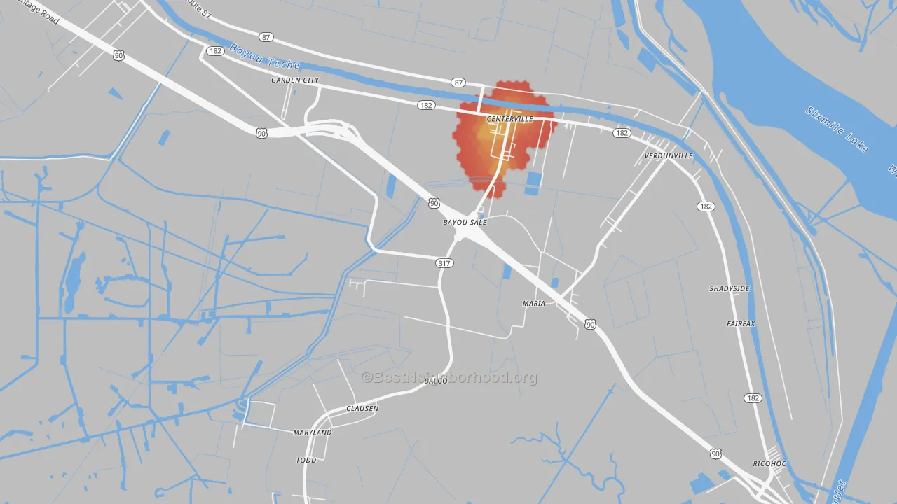 Walk Grade map of Bayou Sale, LA, walkable areas in green and car-dependent areas in red