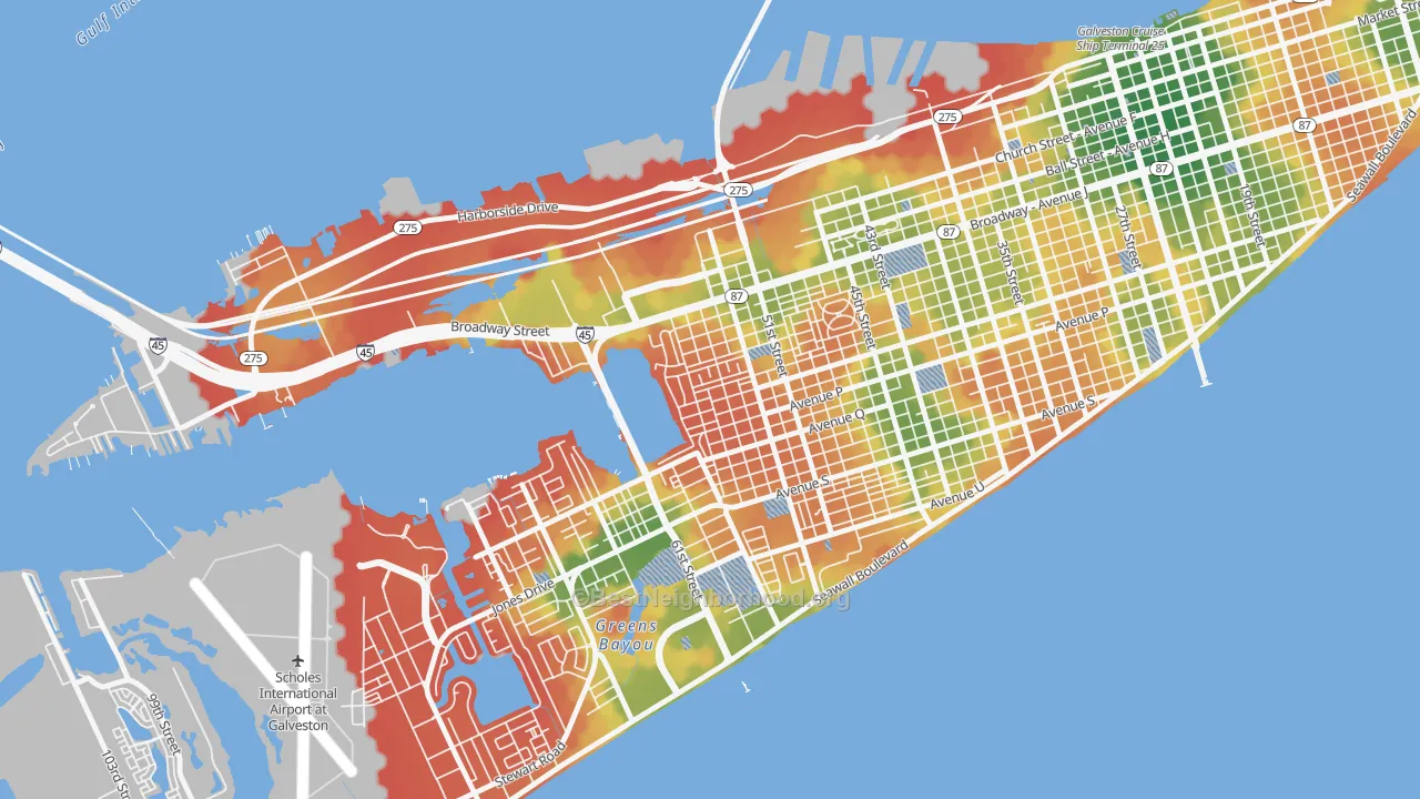 Walk Grade map of Bayou Shore, Galveston, TX, walkable areas in green and car-dependent areas in red