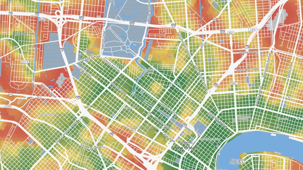 Walk Grade map of Bayou St John, New Orleans, LA, walkable areas in green and car-dependent areas in red