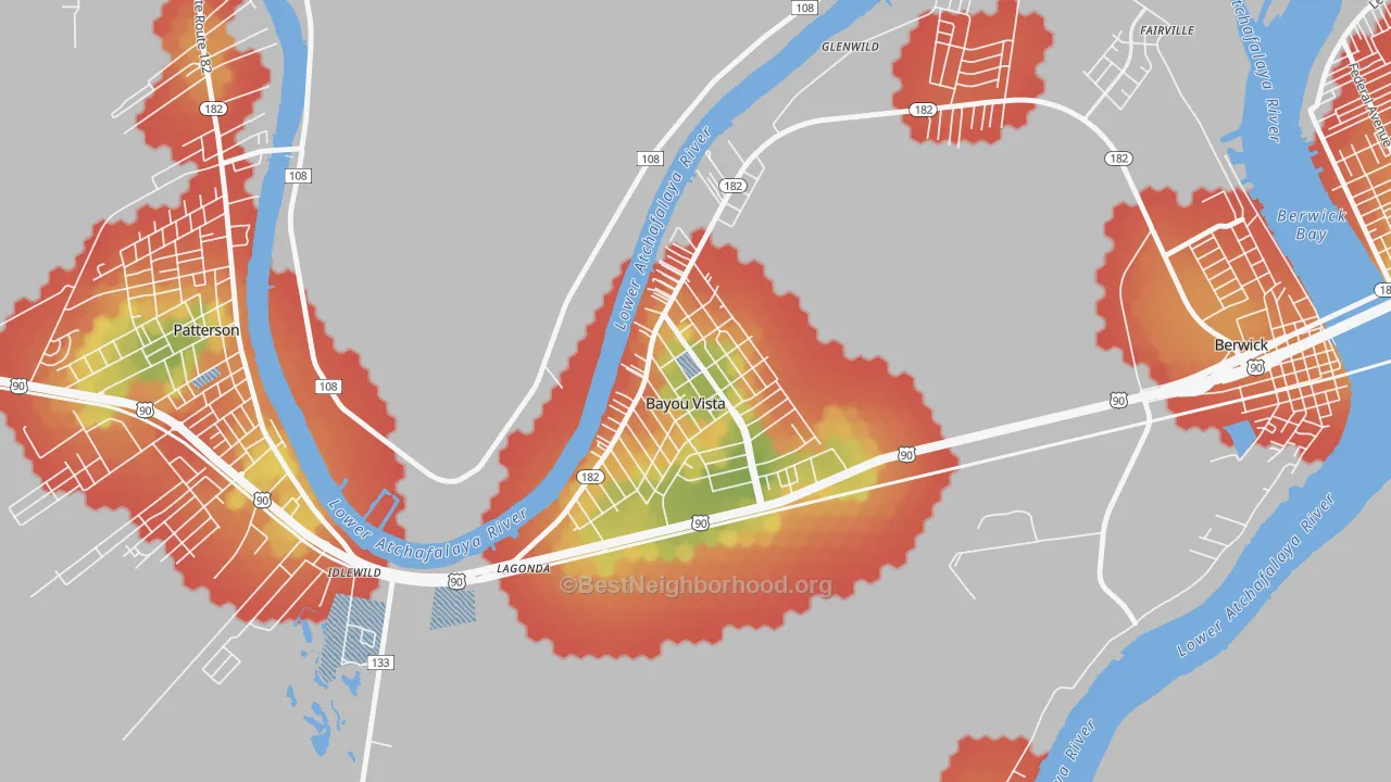 Walk Grade map of Bayou Vista, LA, walkable areas in green and car-dependent areas in red