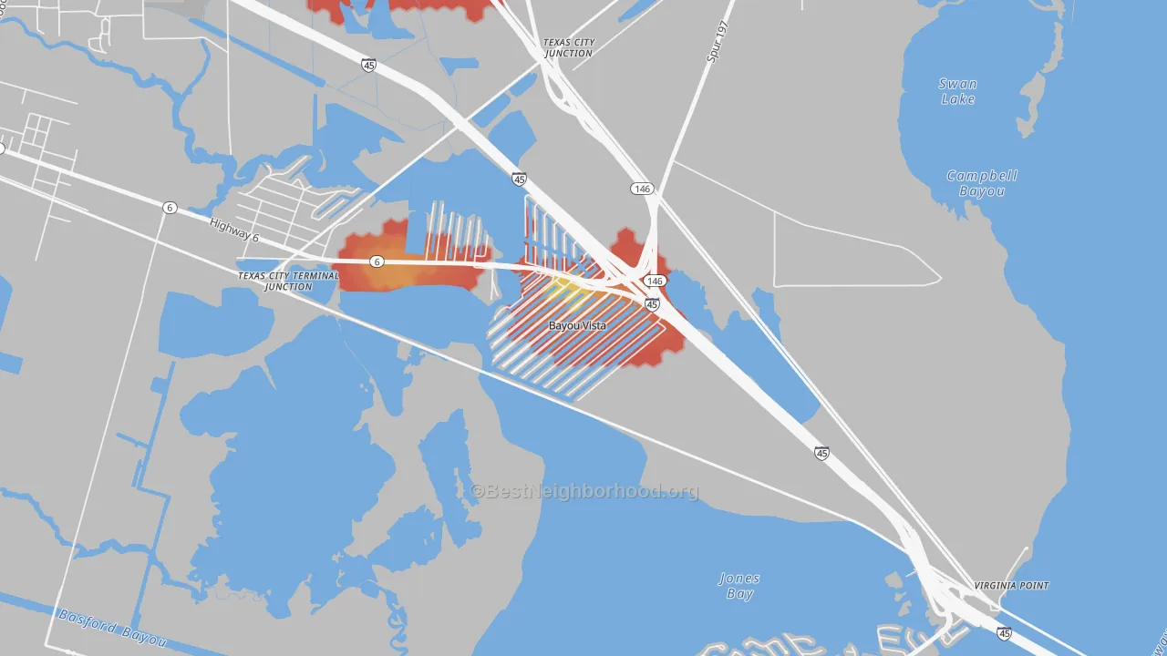 Walk Grade map of Bayou Vista, TX, walkable areas in green and car-dependent areas in red