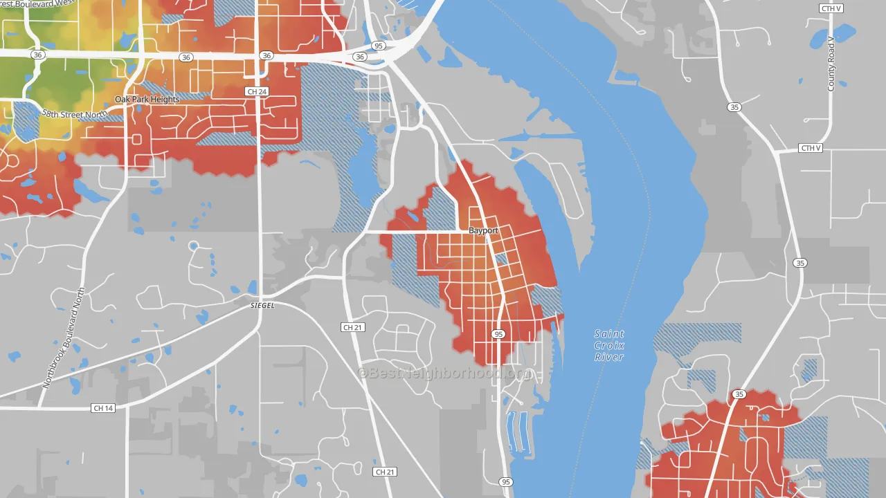 Walk Grade map of Bayport, MN, walkable areas in green and car-dependent areas in red