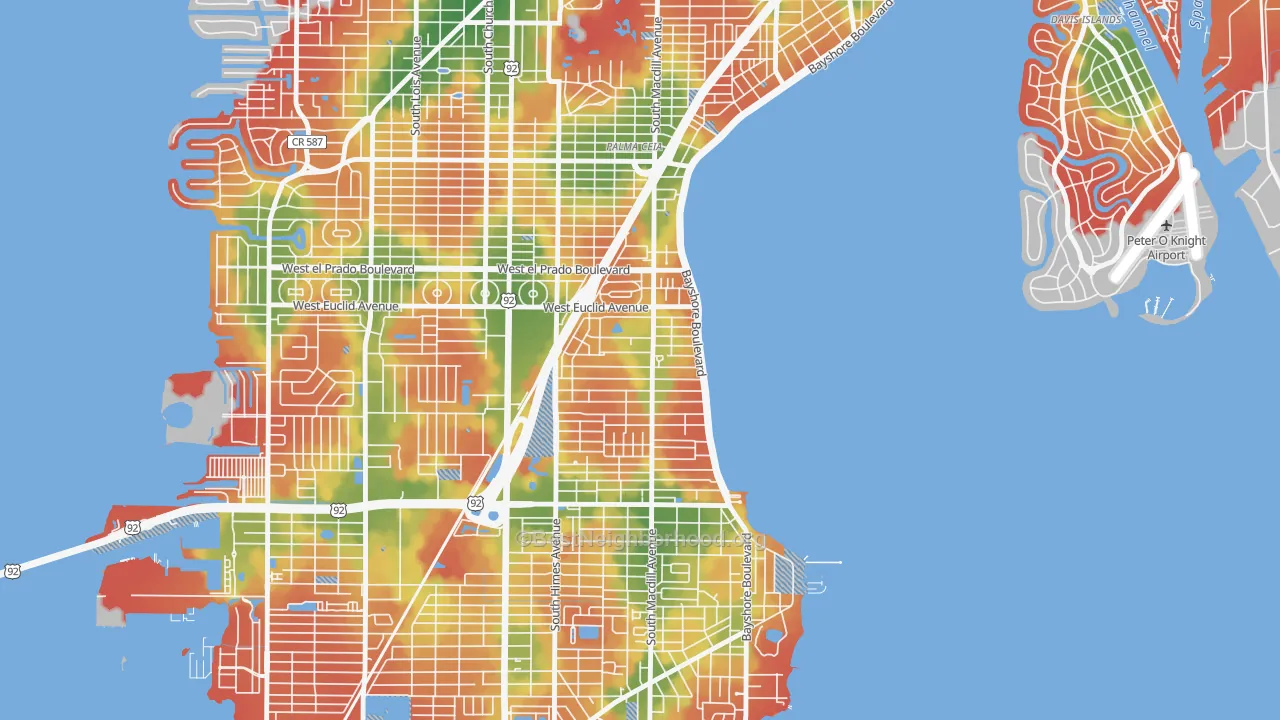 Walk Grade map of Bayshore Beautiful, Tampa, FL, walkable areas in green and car-dependent areas in red