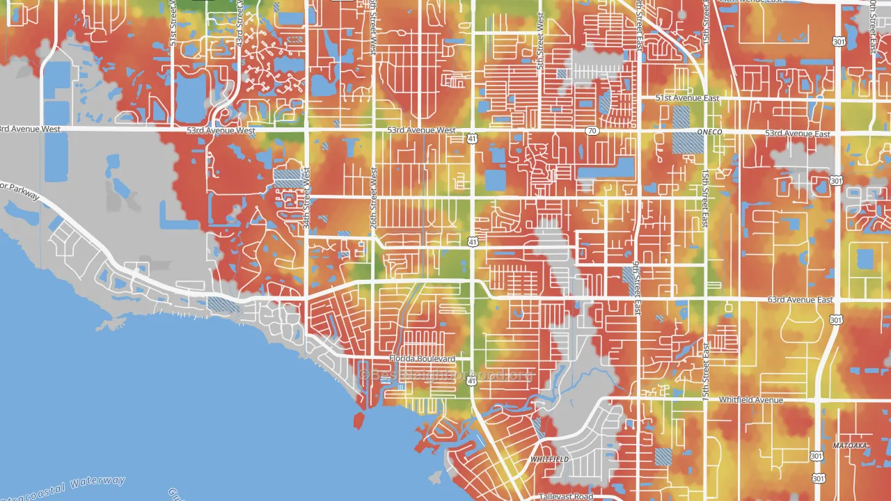 Walk Grade map of Bayshore Gardens, FL, walkable areas in green and car-dependent areas in red